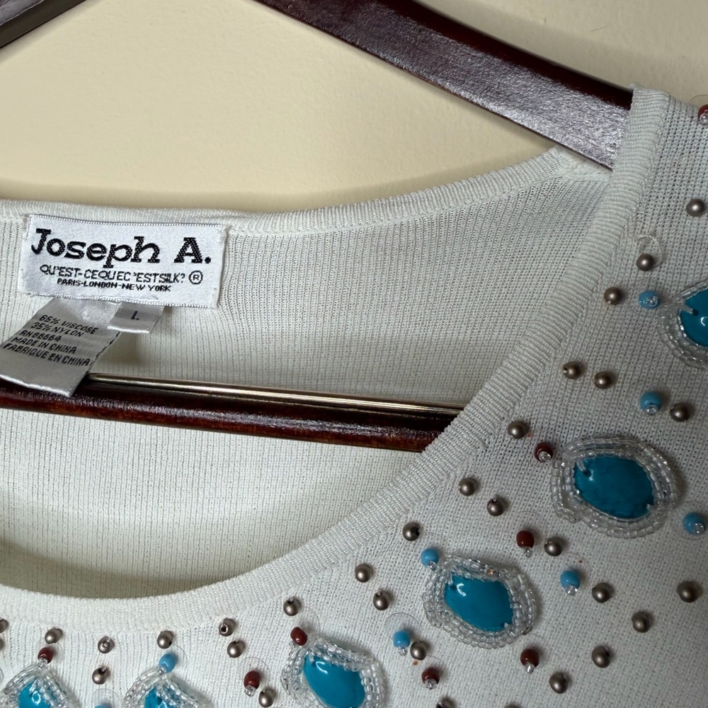 Vintage Joseph A 3/4 Sleeve Beaded Neckline Y2K Blouse Large White Spring Boho - Picture 3 of 6